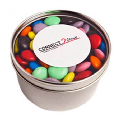 2x50gm Bags Chocolate Beans Packed in Small Round Window Tins