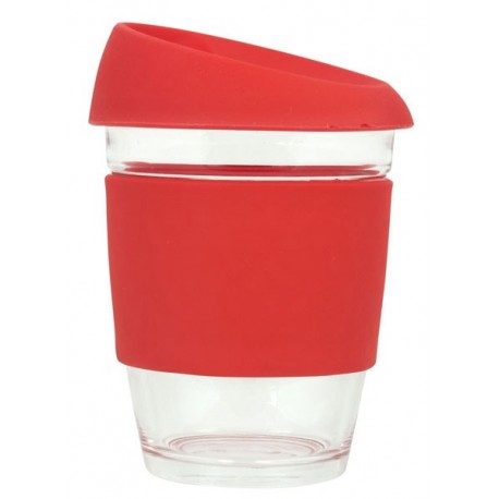 Red 340ml Reusable Glass Karma Kup with Silicone Band and Lid