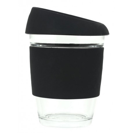 Black 340ml Reusable Glass Karma Kup with Silicone Band and Lid