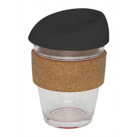 Black 340ml Reusable Glass Karma Kup with Cork Band and Silicone Lid